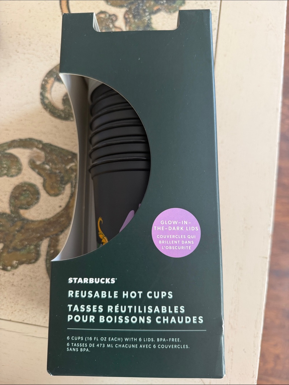 Starbucks Black Reusable Hot Cups with Purple Glow-In-The-Dark Lids